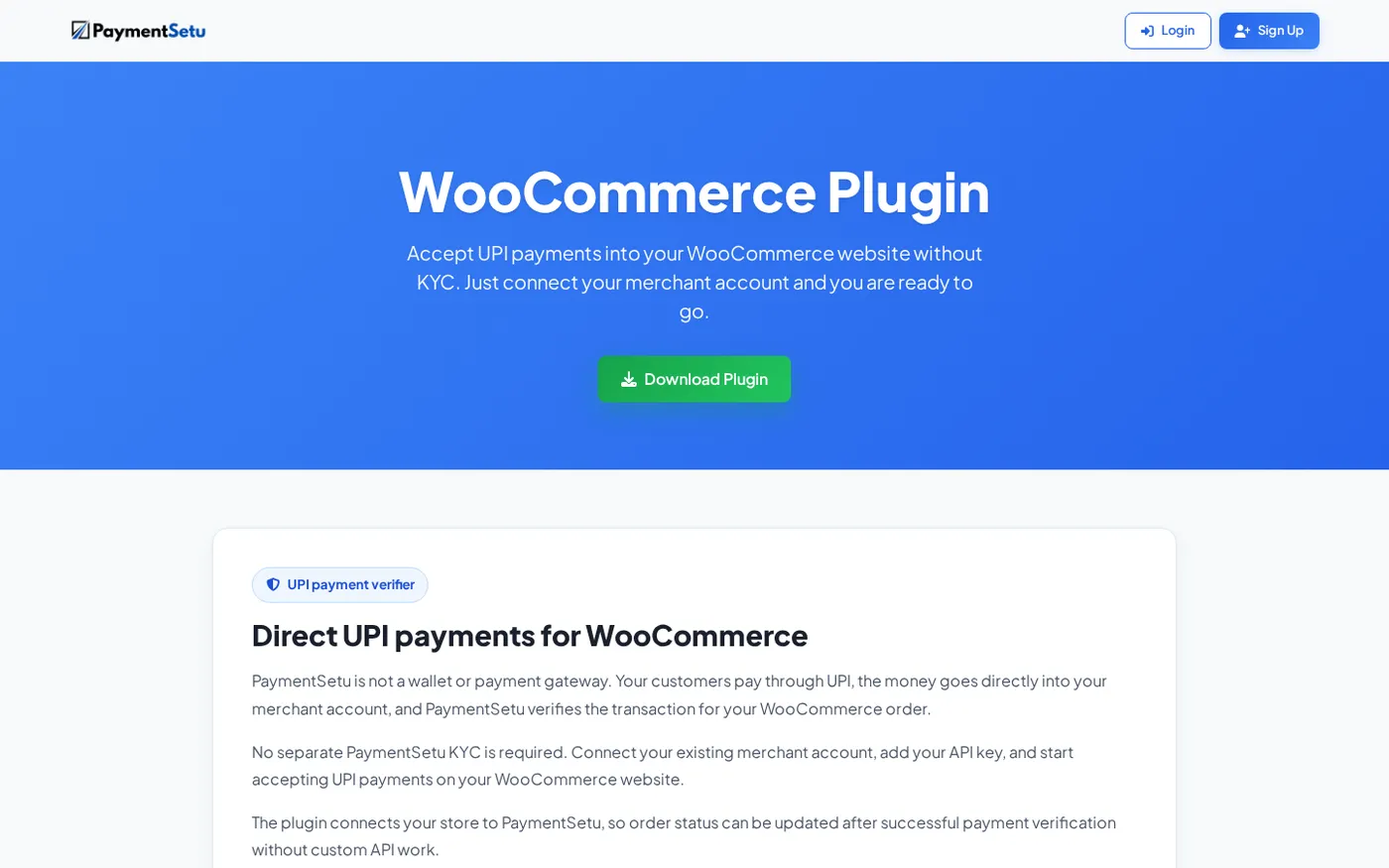 PaymentSetu's WooCommerce plugin page explains direct UPI payments and order verification.