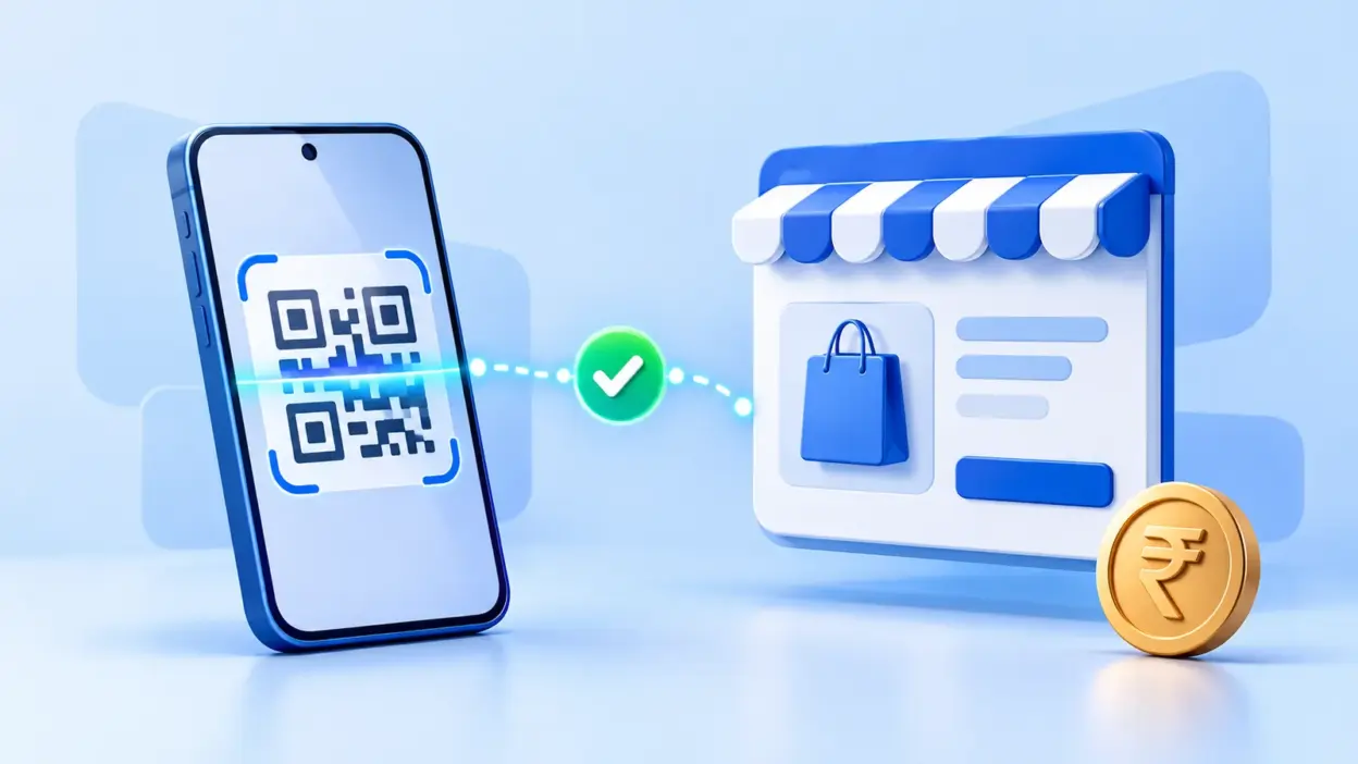 Illustration of a smartphone scanning a UPI QR code beside a WooCommerce shop order with a verification checkmark.