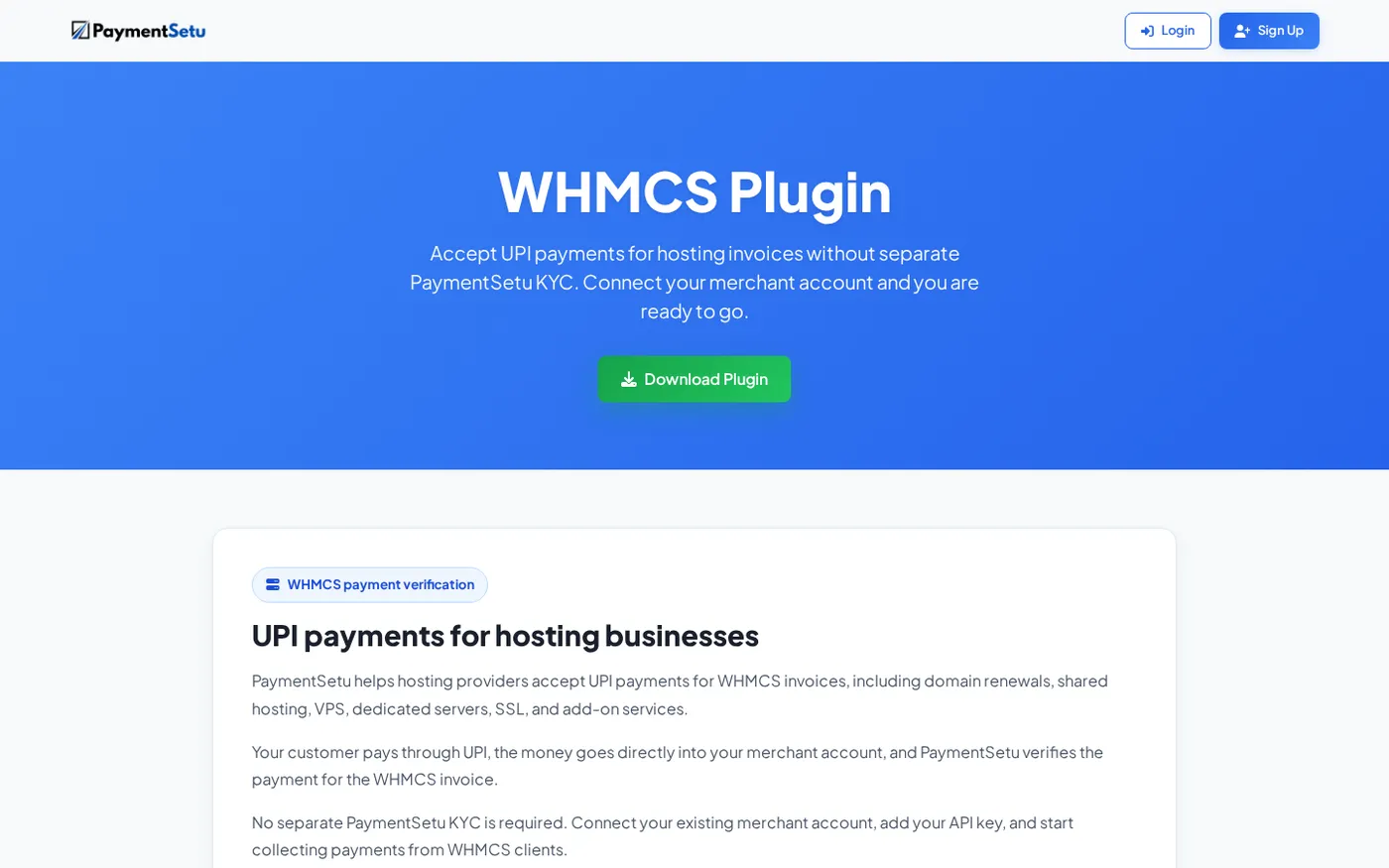 The PaymentSetu WHMCS module page provides the download and explains the UPI invoice workflow.