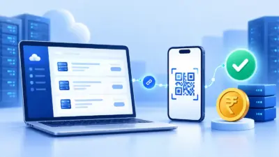 Illustration of a hosting invoice, UPI QR payment and webhook confirmation.
