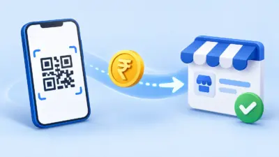 A blue illustration shows a UPI QR payment moving directly to a merchant account with a verification checkmark.