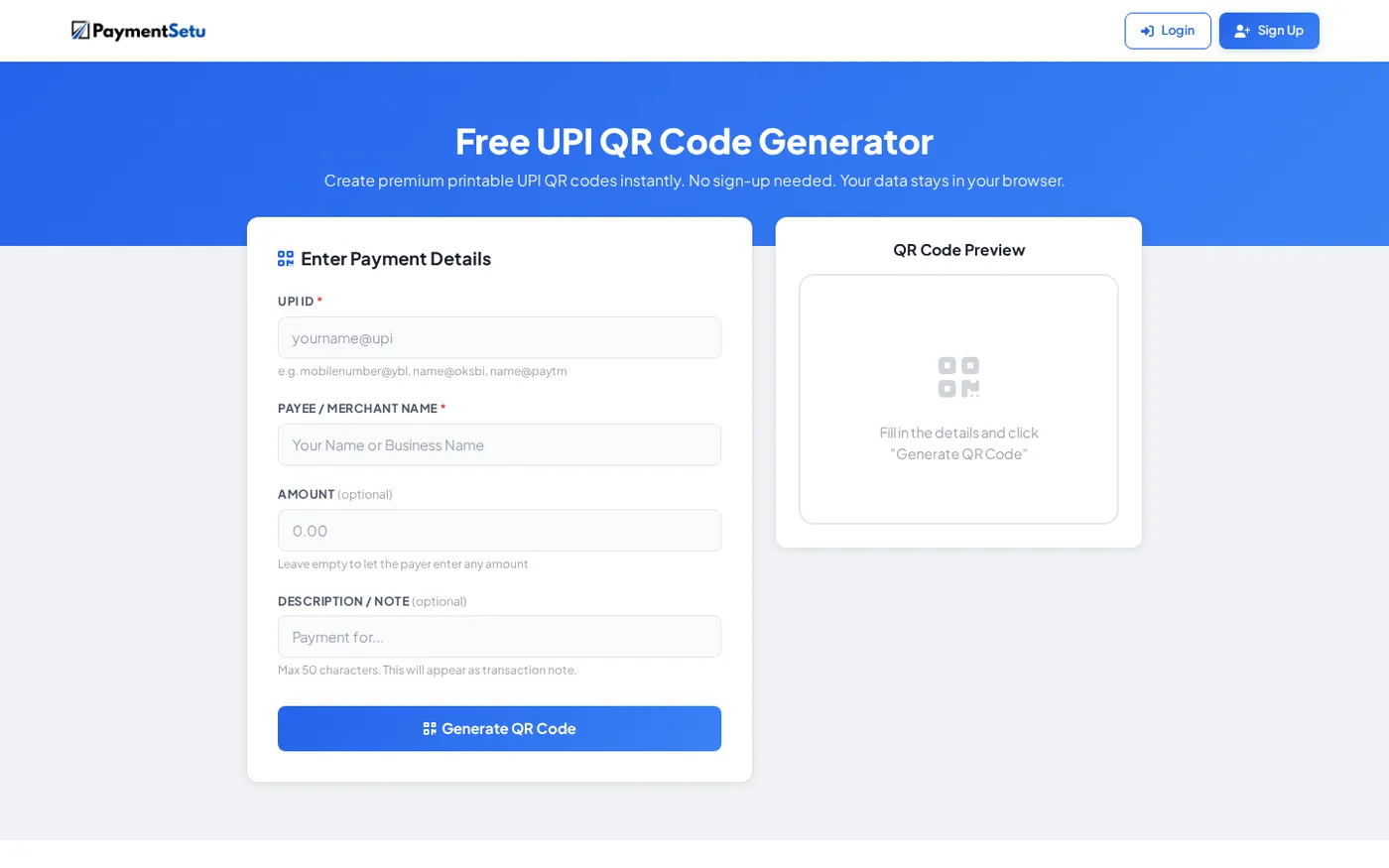 PaymentSetu's free generator accepts the UPI ID, payee name, optional amount and note before creating the QR.