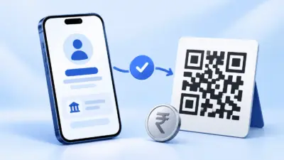 A smartphone profile connects to a QR code card beside a rupee coin and a blue verification mark.