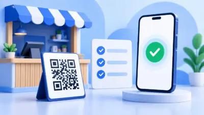 Illustration of a smartphone, UPI QR code and merchant account setup checklist.