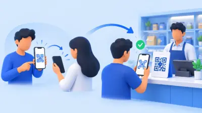 Illustration of a personal QR code and merchant QR code connecting a customer phone to a business payment account.