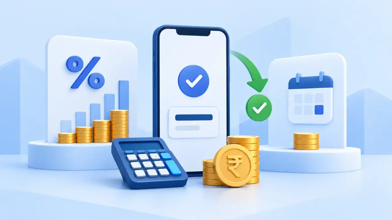A calculator, smartphone, rupee coins and payment verification symbols illustrate monthly payment costs.