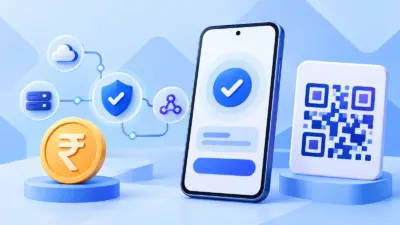 Blue illustration of a phone, UPI QR code, rupee coin and verified payment connection for comparing UPI payment options.