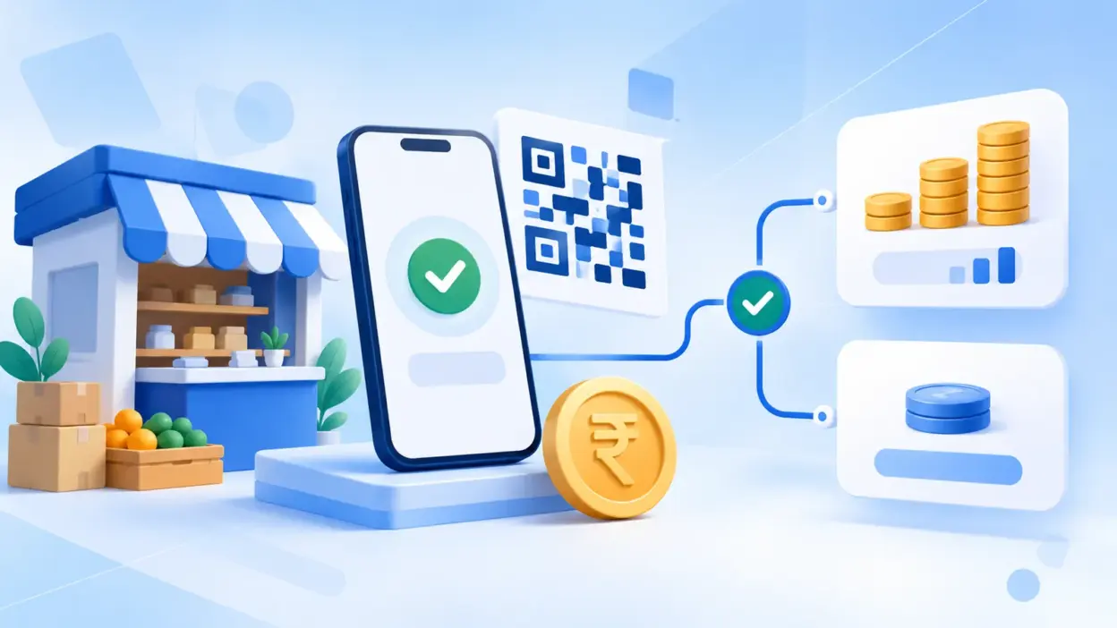 Blue illustration of a phone, abstract UPI QR code, rupee coin and verified payment connection for comparing merchant charges.