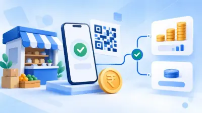 Blue illustration of a phone, abstract UPI QR code, rupee coin and verified payment connection for comparing merchant charges.