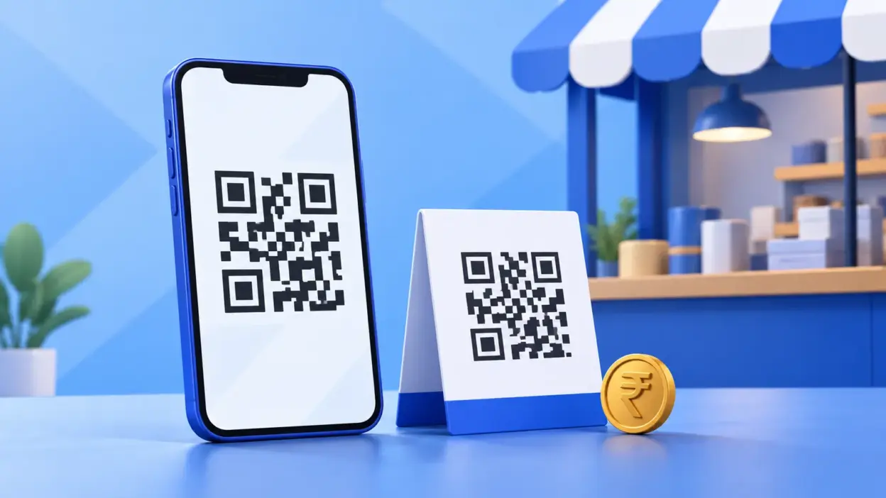 A blue payment QR code beside a smartphone and a small shop counter.