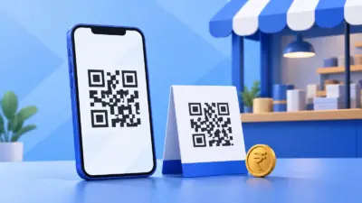 A blue payment QR code beside a smartphone and a small shop counter.