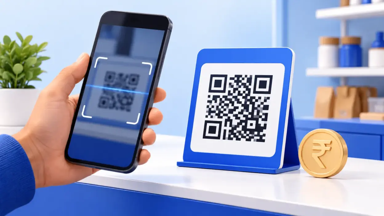 A blue QR code standee on a shop counter beside a smartphone.